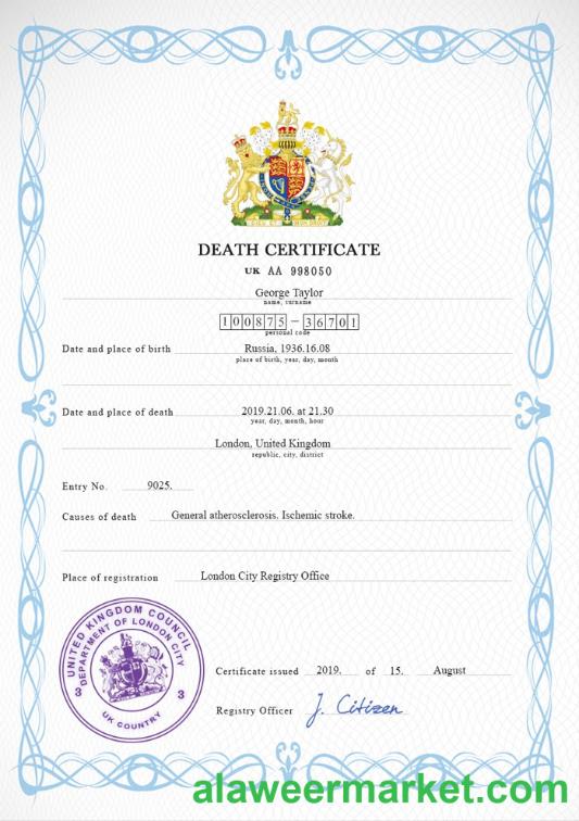 United Kingdom death certificate PSD template, completely editable